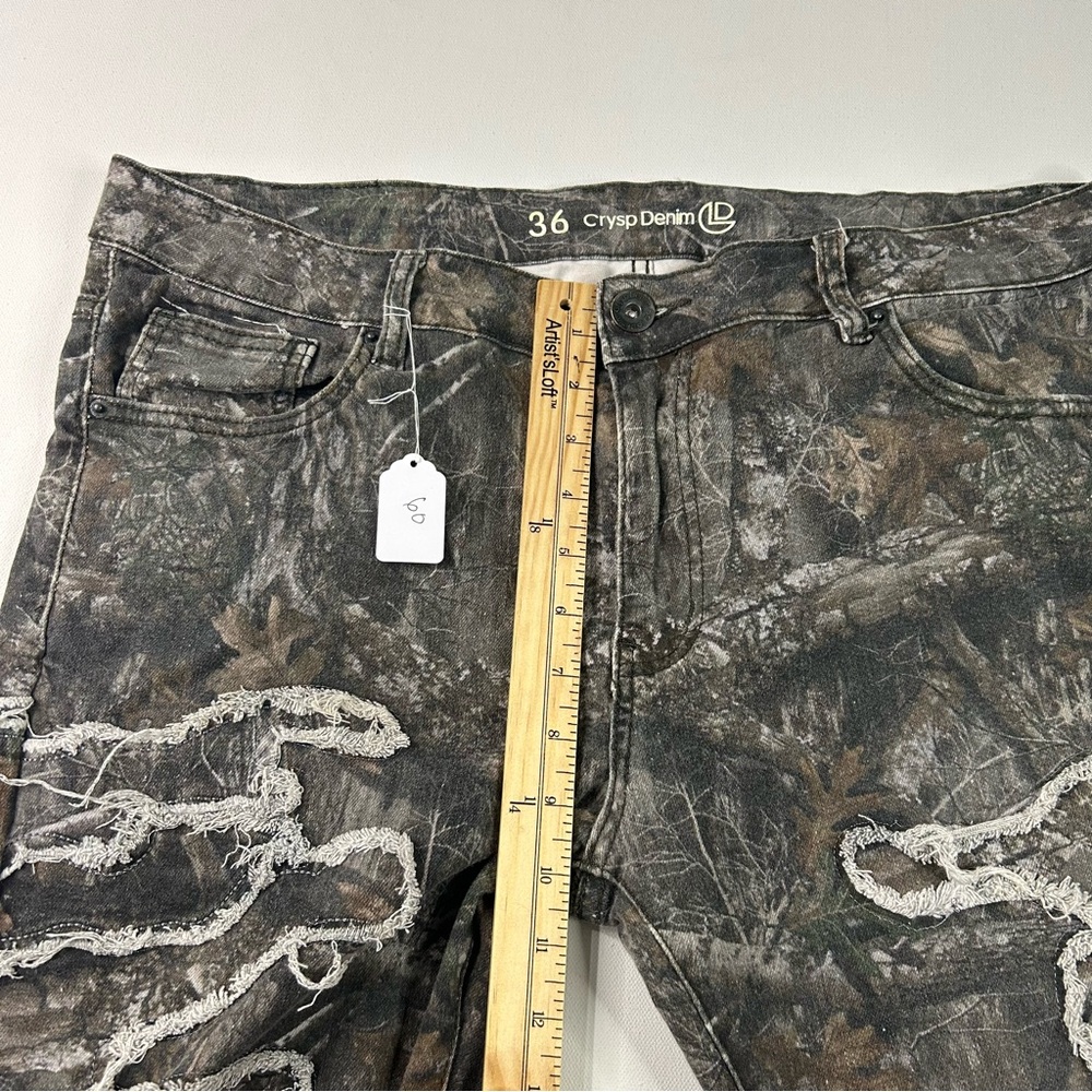 Crysp Denim Jeans Mens 36 X 33 Green Leaf Army Camouflage Thrash Distressed NEW - Picture 4 of 7